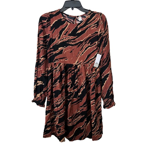BP Nordstrom NWT Long Slv Fit Flare A Line Dress Brown Print Casual Sz 2XS XXS - Picture 2 of 6